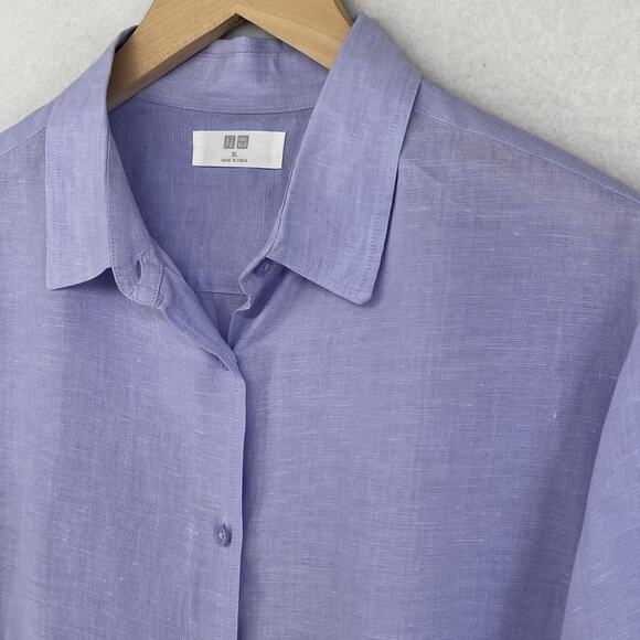 UNIQLO Top Womens XL 100% Linen Long Sleeve Button Front Shirt Blouse Purple - Picture 6 of 15